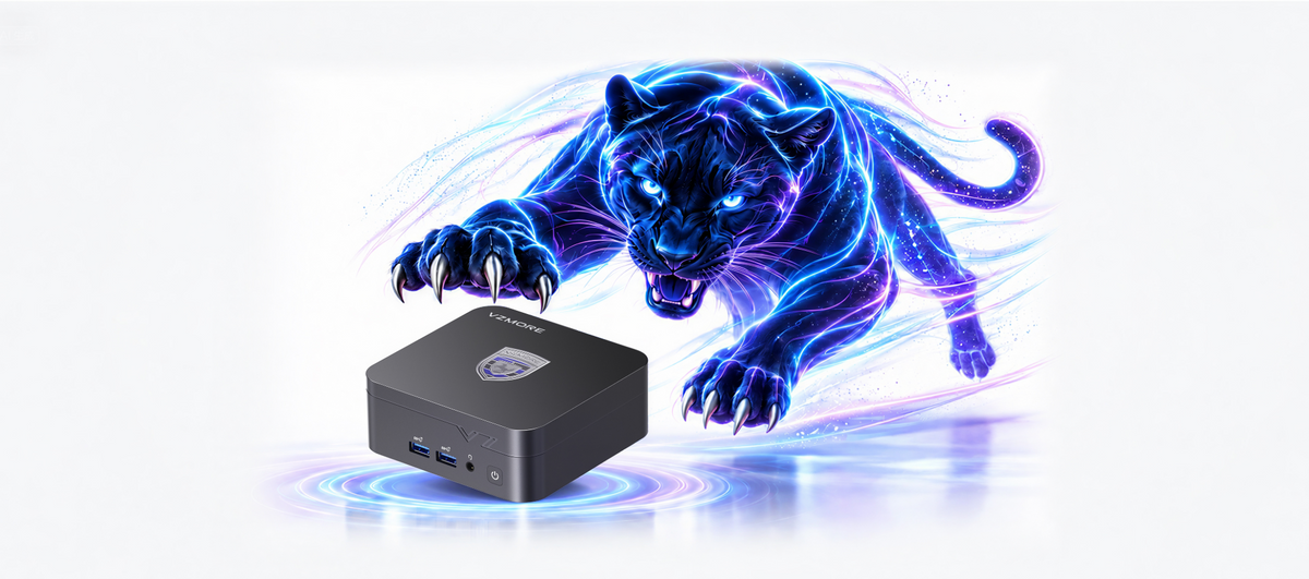 Mini PC VZMORE iX7 avec visuel panthère électrique