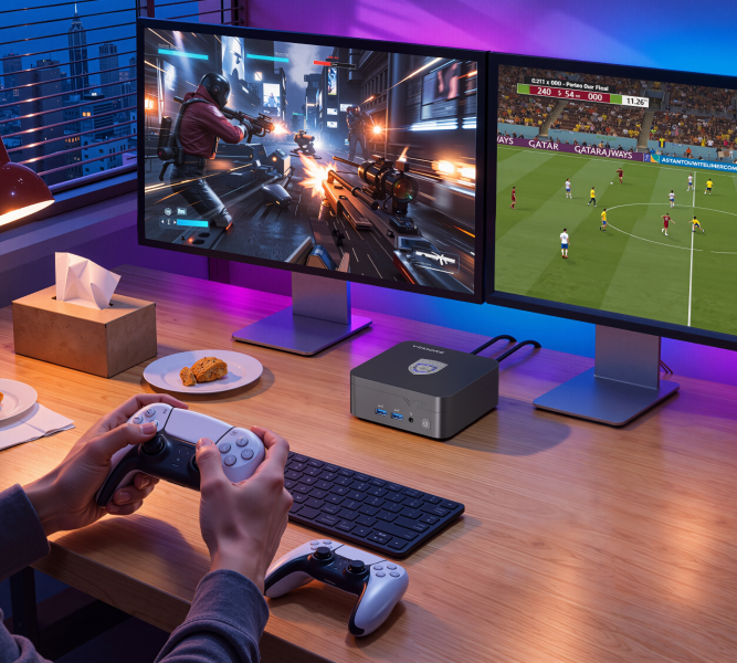 Connectivité complète. Quadruple affichage. Regardez du contenu 4K en streaming, profitez de jeux immersifs et restez en contact avec votre famille et vos amis, le tout depuis un ordinateur de bureau compact conçu pour s’intégrer harmonieusement à votre espace.